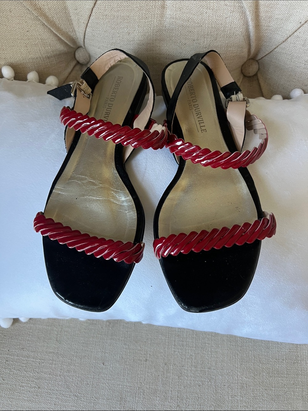 Women's Black Sandals with Red Braided Straps
